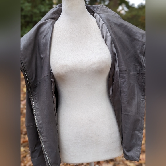 Lamarque Leather Jacket Womens Moto Gray Taupe Long Sleeve Zippers Knit Side - Picture 6 of 11